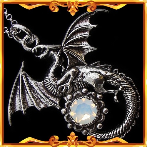 Medieval Dragon Necklace "White Opal"