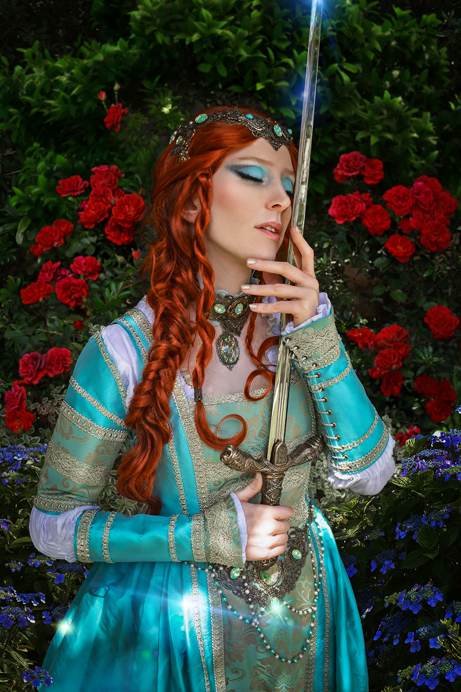 medieval lady with sword in flowers garden