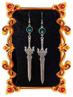 boucles d'oreilles épée médiéval fantasy vert émeraude