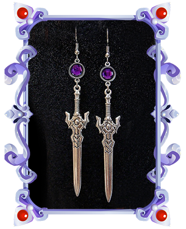 boucles d'oreilles épée médiéval fantasy violet améthyste