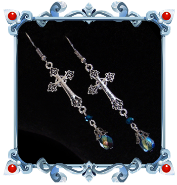 Boucles d'oreilles Gothique Victorienne Croix Argentées avec Perles Noires