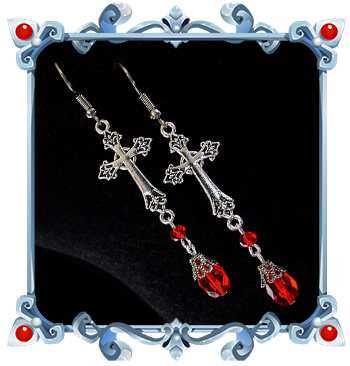 Boucles d'oreilles Gothique Victorienne Croix Argentées et Perles Rouge Rubis