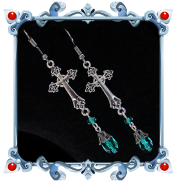 Boucles d'oreilles Gothique Victorienne Croix Argentées et Perles Emeraude