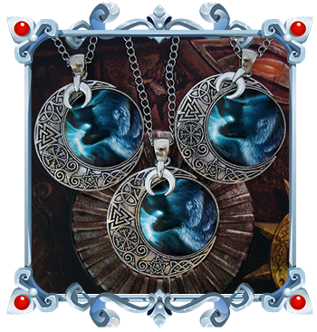 Blue Night Wolf with Crescent Moon Necklace, great Talisman for Viking