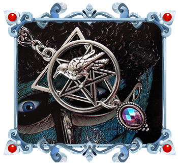 wiccan and gothic necklace with raven and pentacle adorned with purple crystal