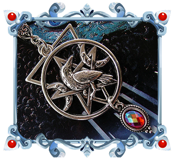 witchy and wicca necklace with raven and pentacle adorned with red crystal