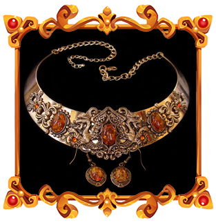 Parure de bijoux inspirée par la déesse viking Freyja, le collier et les boucles d'oreilles couleur ambre